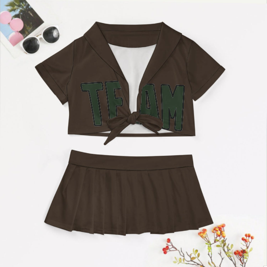 Custom Brown Dark Green Cheerleading Uniform Set