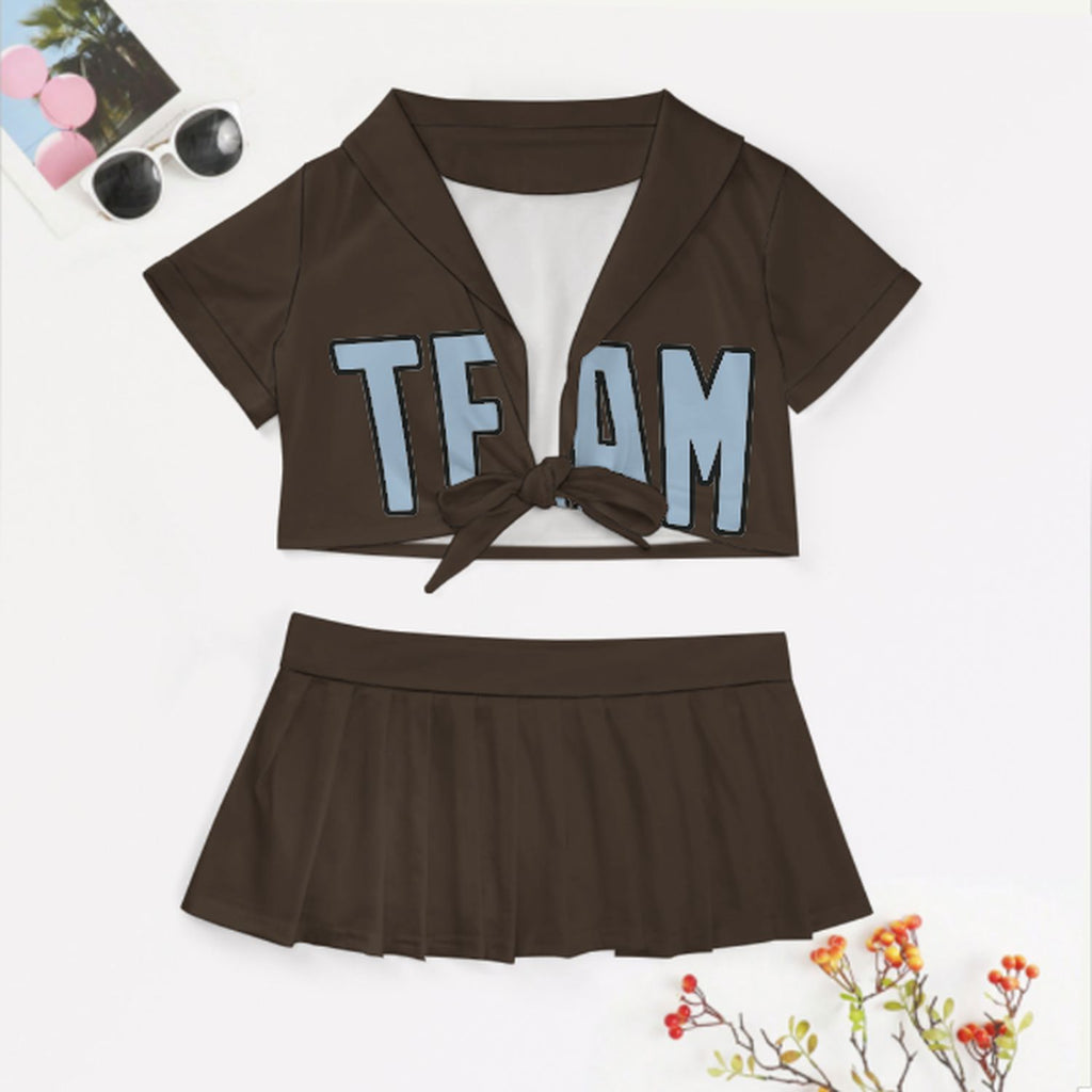 Custom Brown Light Blue Cheerleading Uniform Set