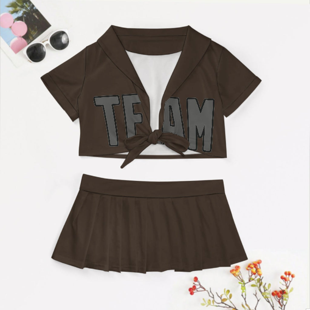Custom Brown Dark Grey Cheerleading Uniform Set