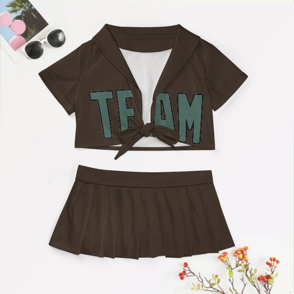 Custom Brown Blue Green Cheerleading Uniform Set