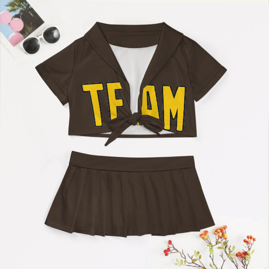 Custom Brown Gold Cheerleading Uniform Set