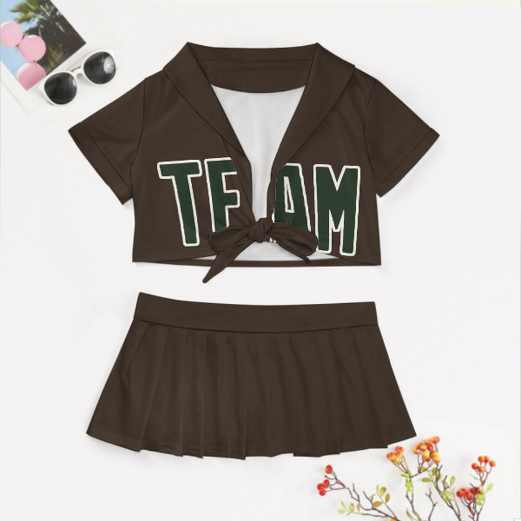 Custom Brown Dark Green Cheerleading Uniform Set