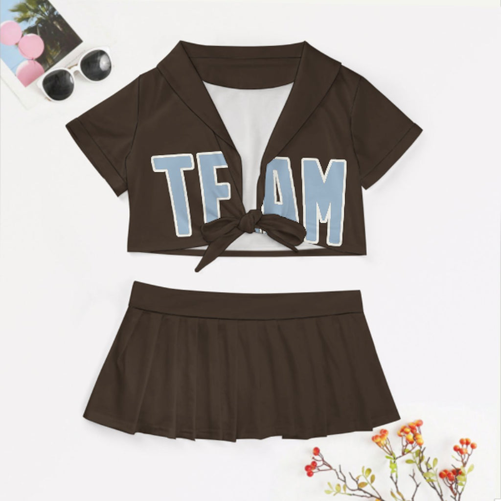 Custom Brown Light Blue Cheerleading Uniform Set