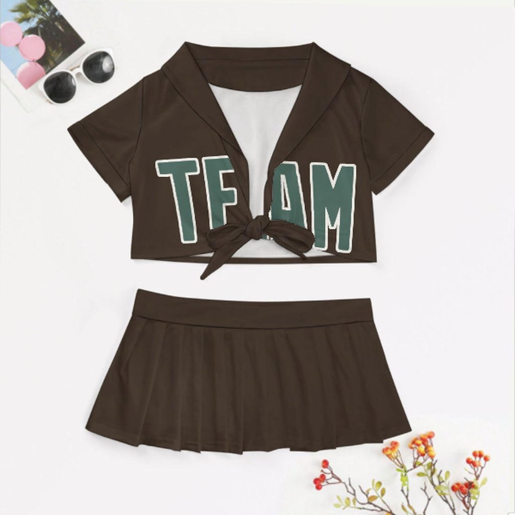 Custom Brown Blue Green Cheerleading Uniform Set