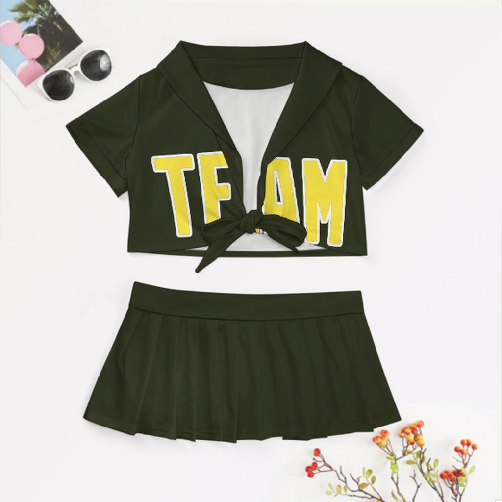 Custom Olive Light Yellow Cheerleading Uniform Set