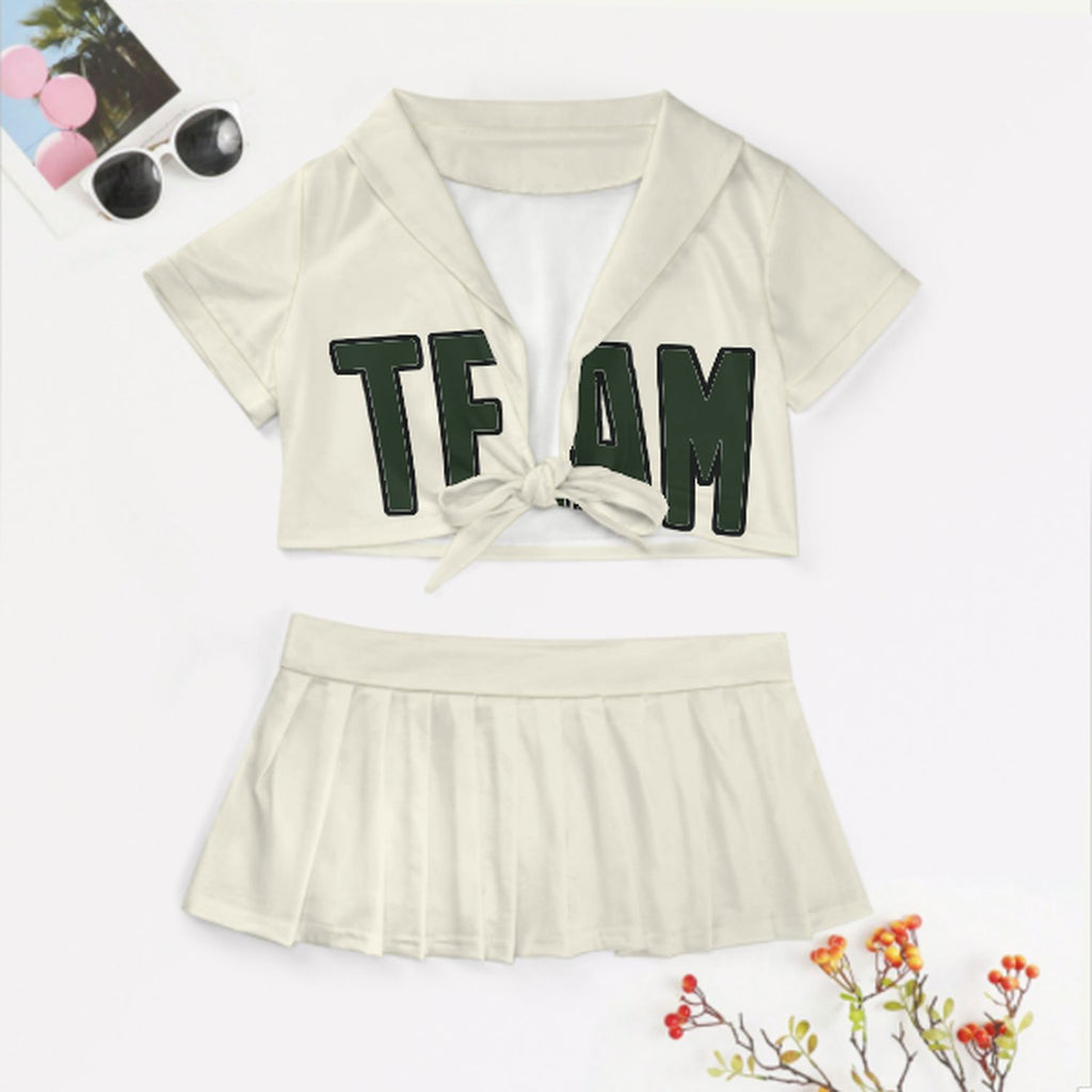 Custom Cream Dark Green Cheerleading Uniform Set