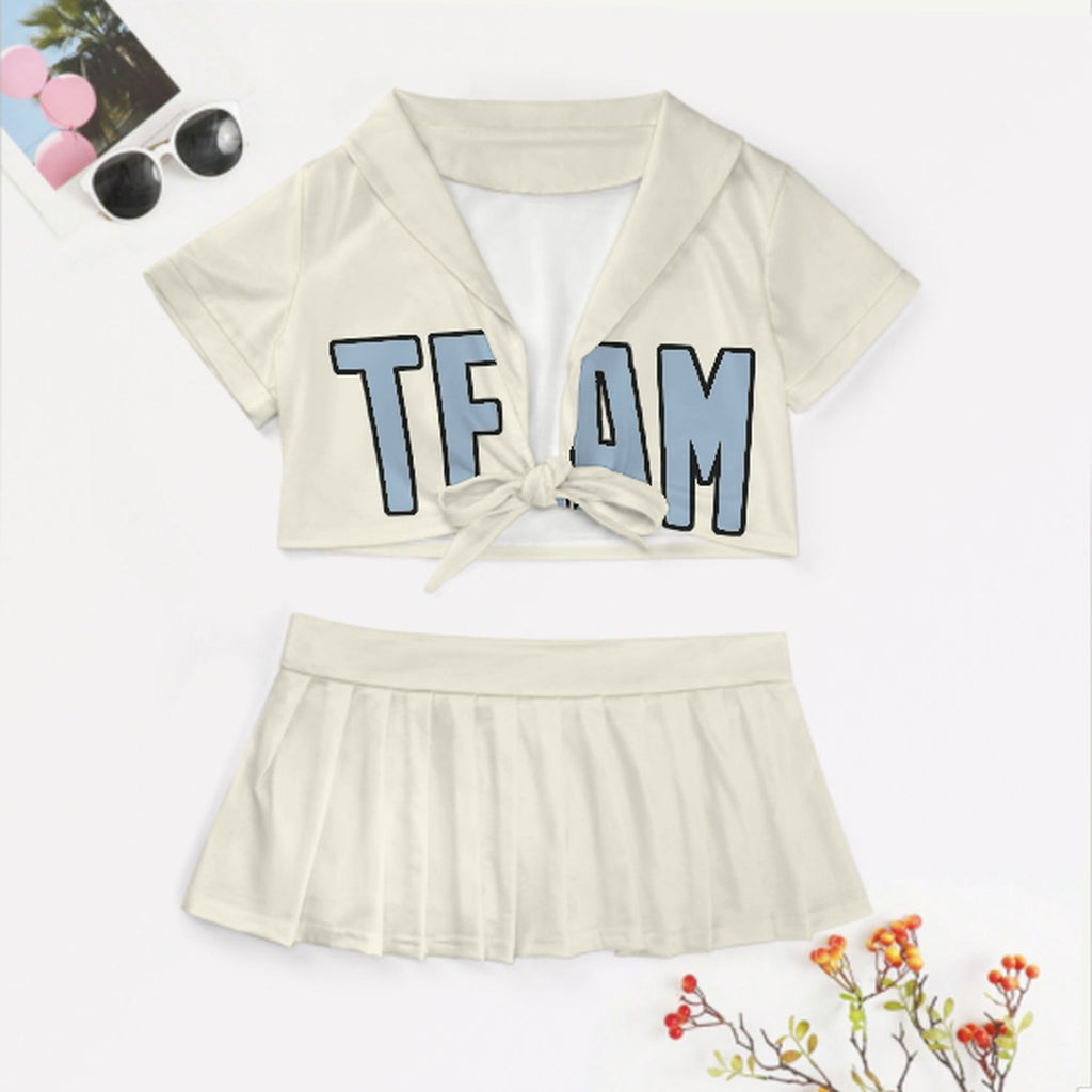 Custom Cream Light Blue Cheerleading Uniform Set