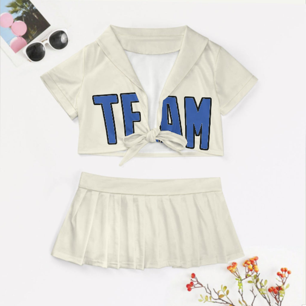 Custom Cream Sky Blue Cheerleading Uniform Set