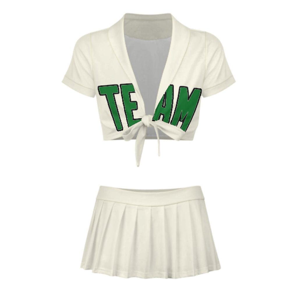 Custom Cream Emerald Green Cheerleading Uniform Set