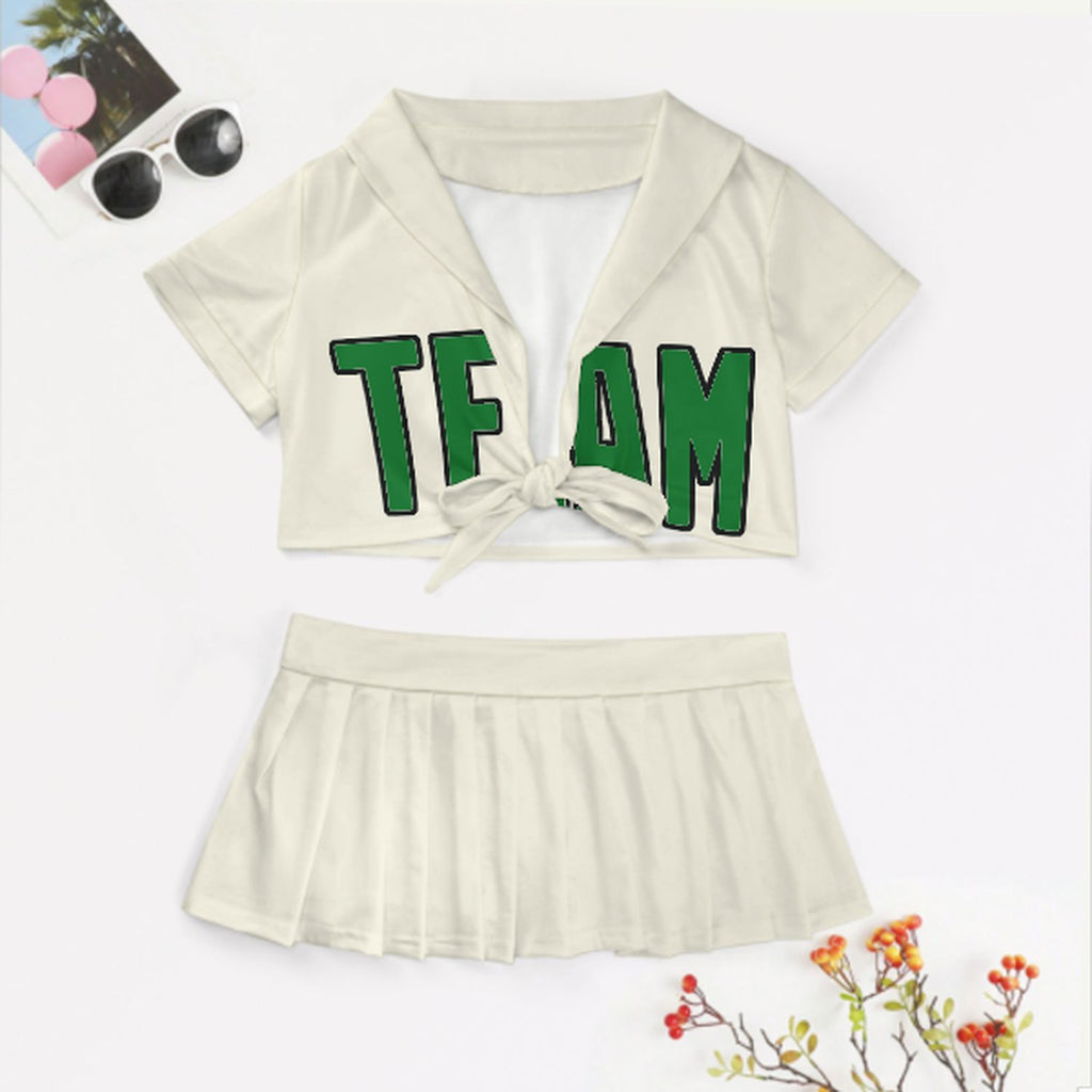 Custom Cream Emerald Green Cheerleading Uniform Set