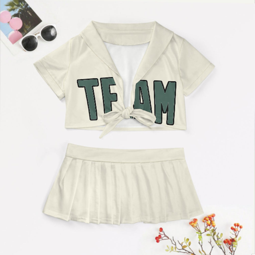 Custom Cream Blue Green Cheerleading Uniform Set