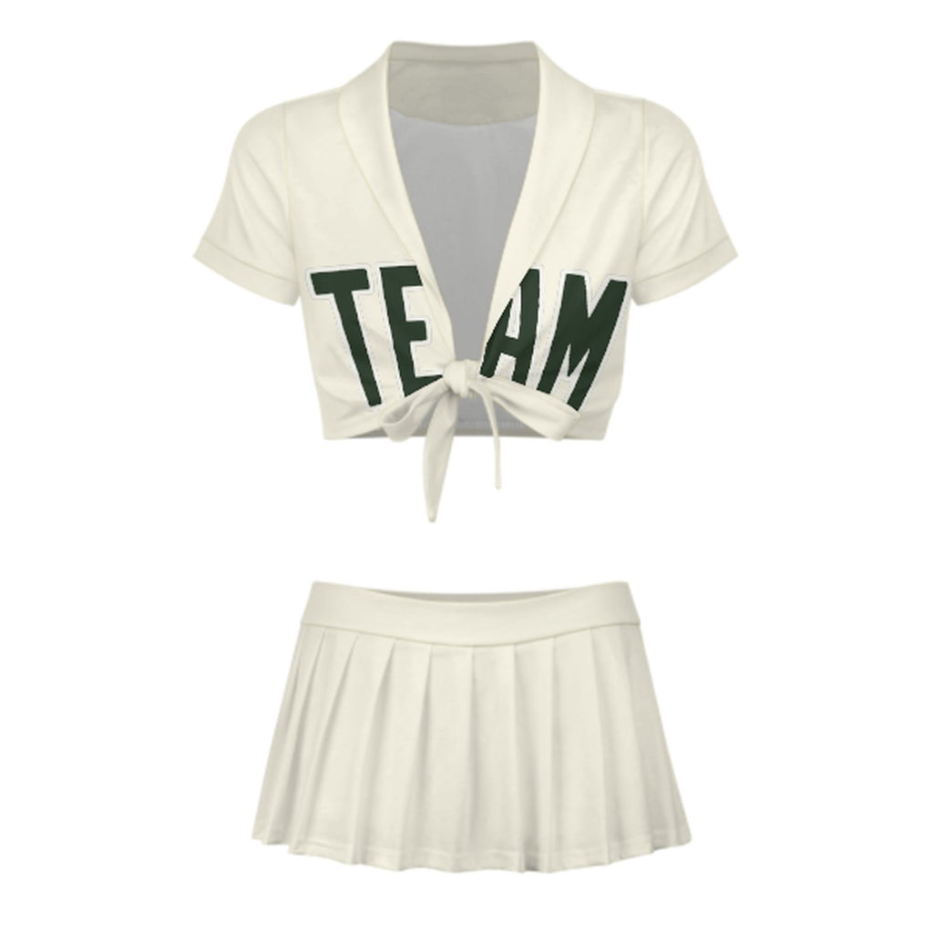 Custom Cream Dark Green Cheerleading Uniform Set
