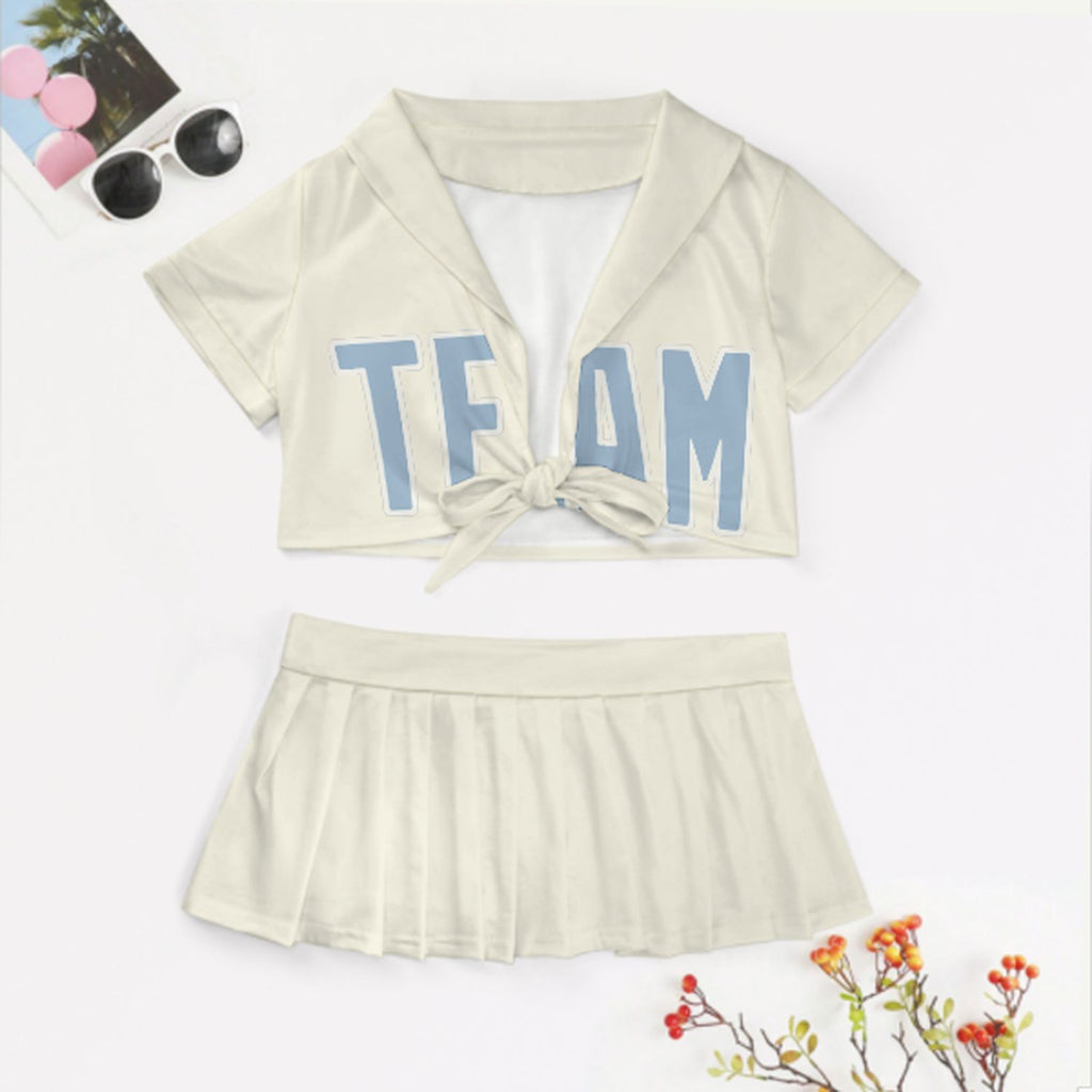 Custom Cream Light Blue Cheerleading Uniform Set