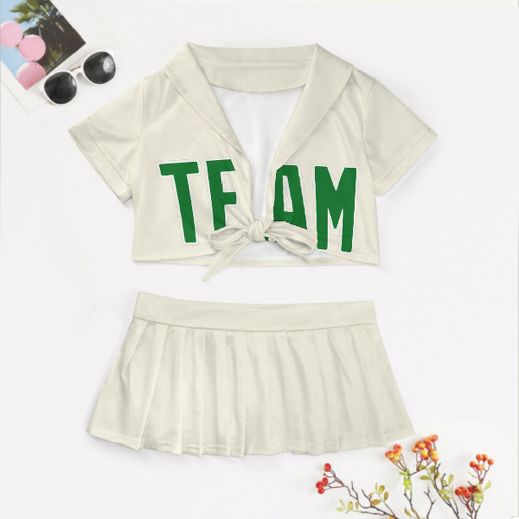 Custom Cream Emerald Green Cheerleading Uniform Set