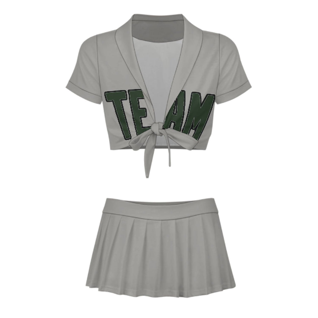 Custom Gray Dark Green Cheerleading Uniform Set