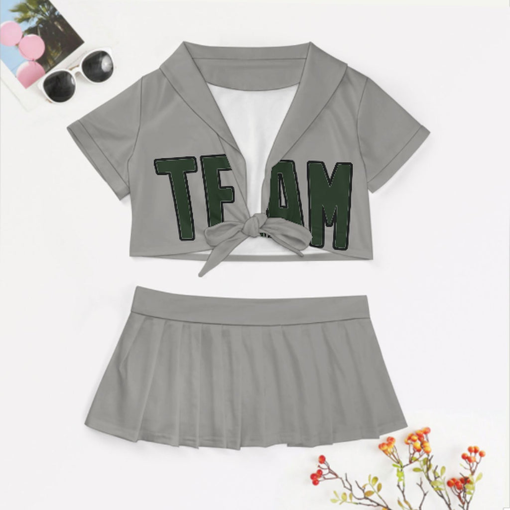 Custom Gray Dark Green Cheerleading Uniform Set