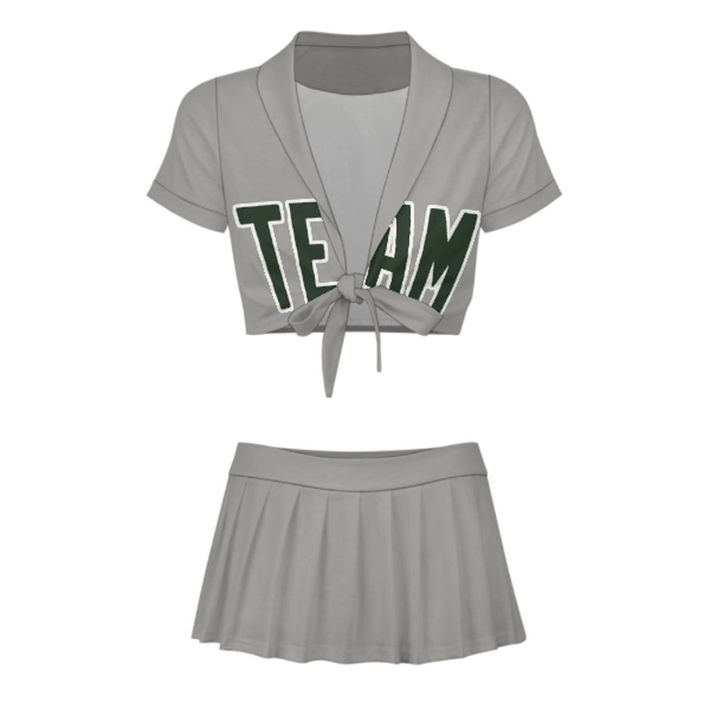 Custom Gray Dark Green Cheerleading Uniform Set