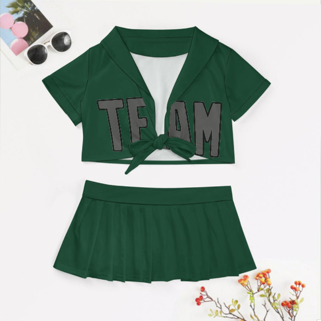 Custom Green Dark Grey Cheerleading Uniform Set