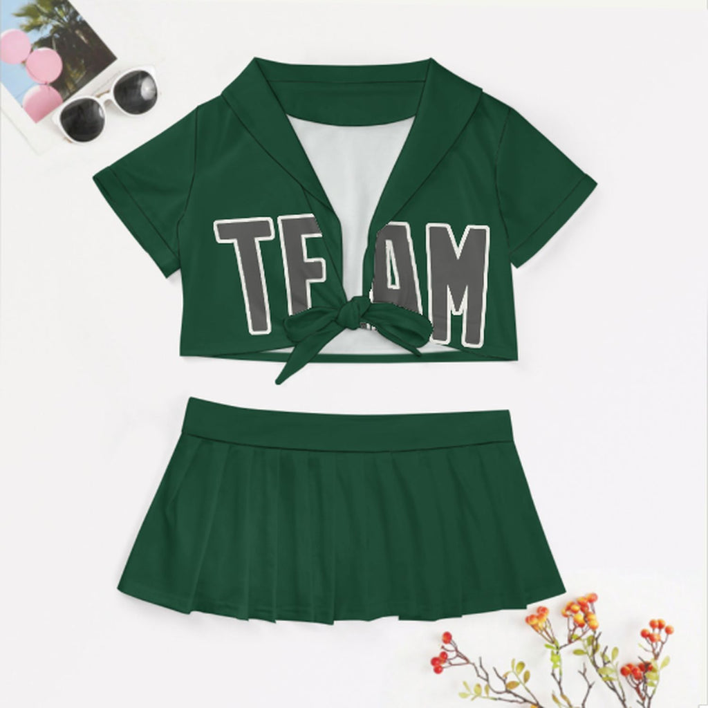 Custom Green Dark Grey Cheerleading Uniform Set