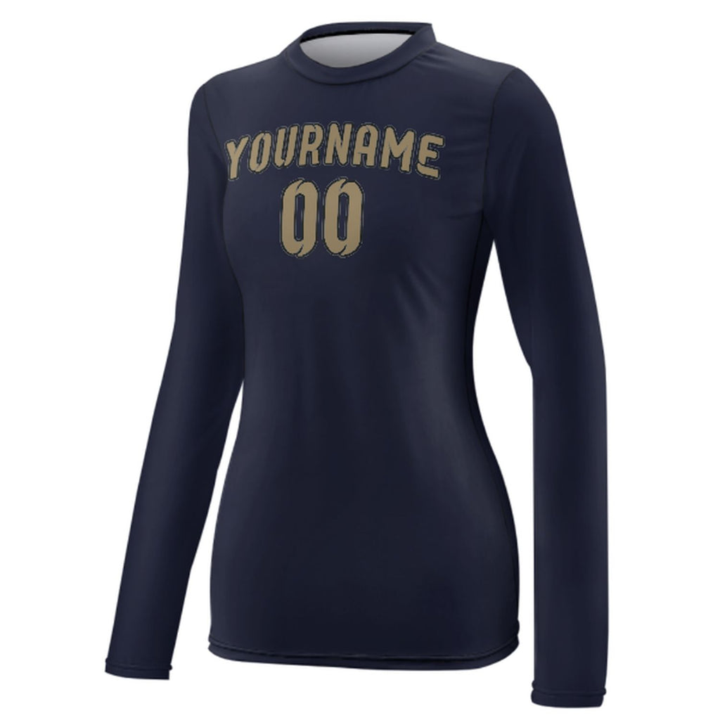 Custom Navy Light Khaki Women's Long-Sleeve Shirt