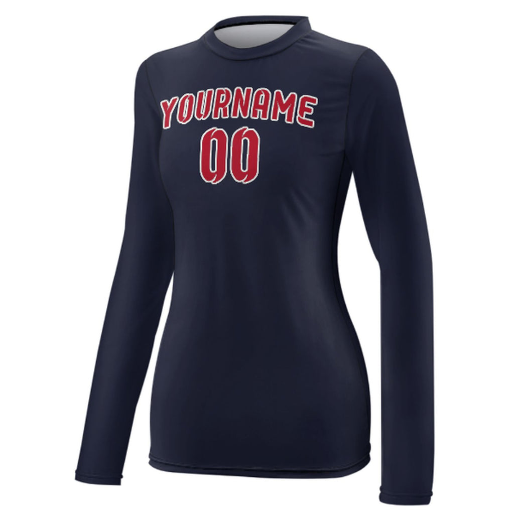 Custom Navy Red Women's Long-Sleeve Shirt