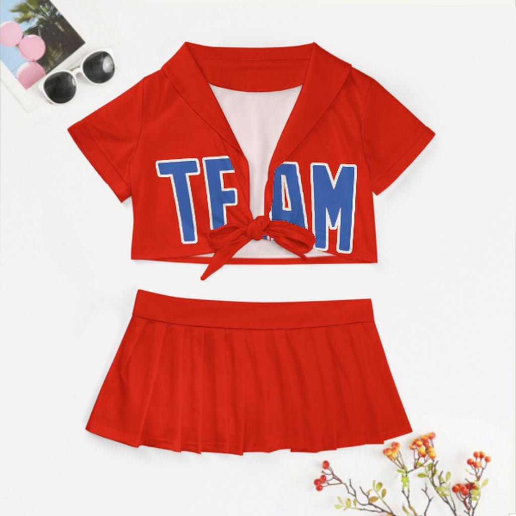 Custom Orange Red Sky Blue Cheerleading Uniform Set