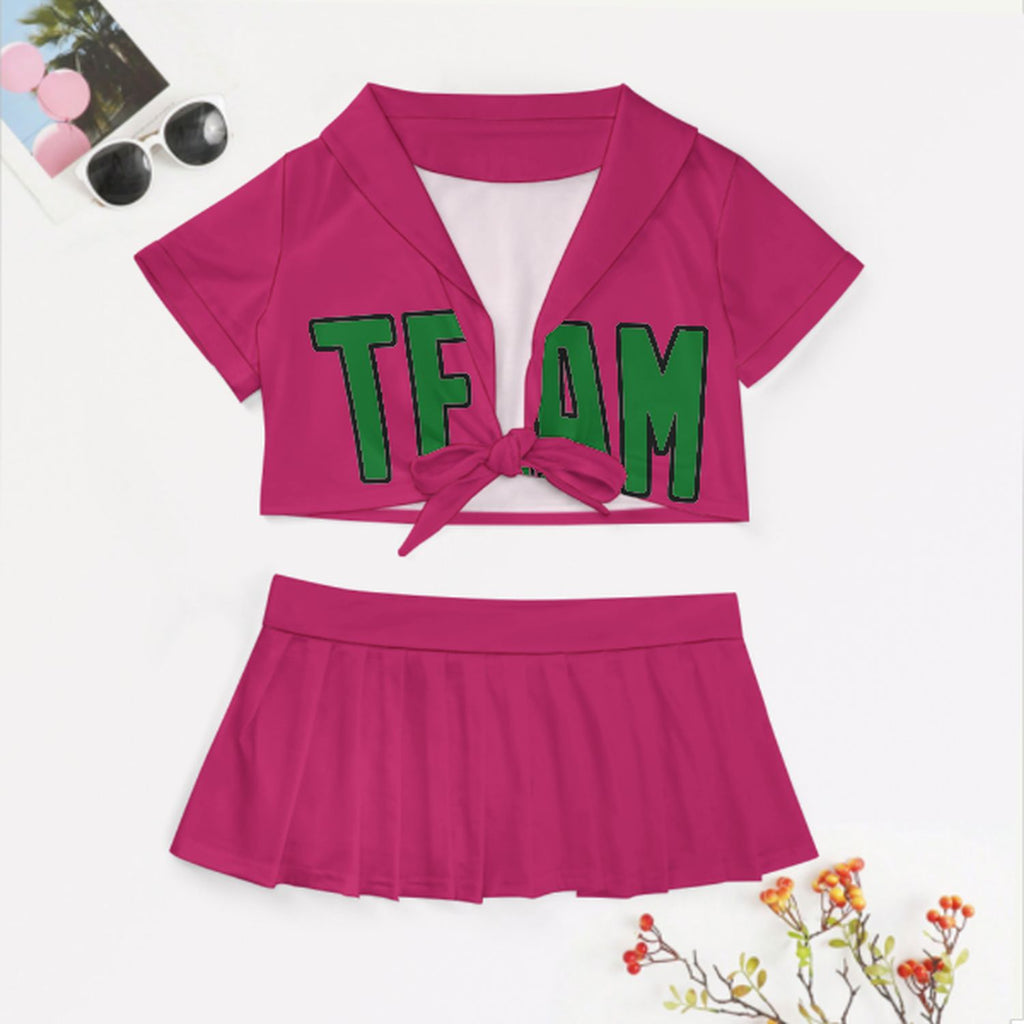 Custom Pink Emerald Green Cheerleading Uniform Set