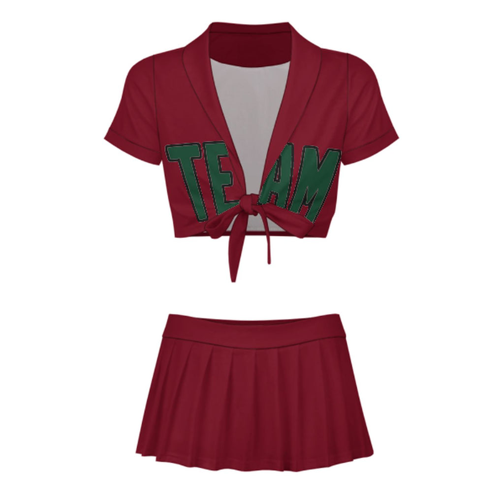 Custom Crimson Red Green Cheerleading Uniform Set
