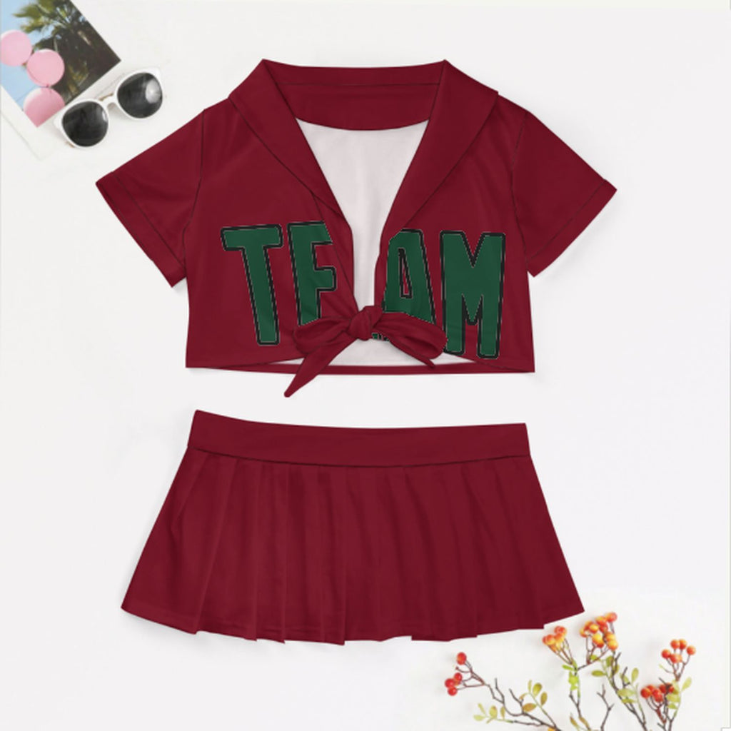 Custom Crimson Red Green Cheerleading Uniform Set