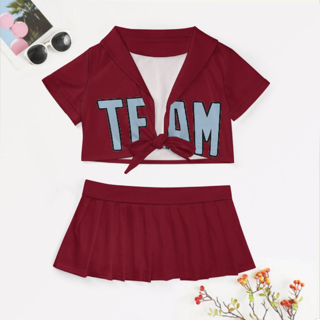 Custom Crimson Red Light Blue Cheerleading Uniform Set