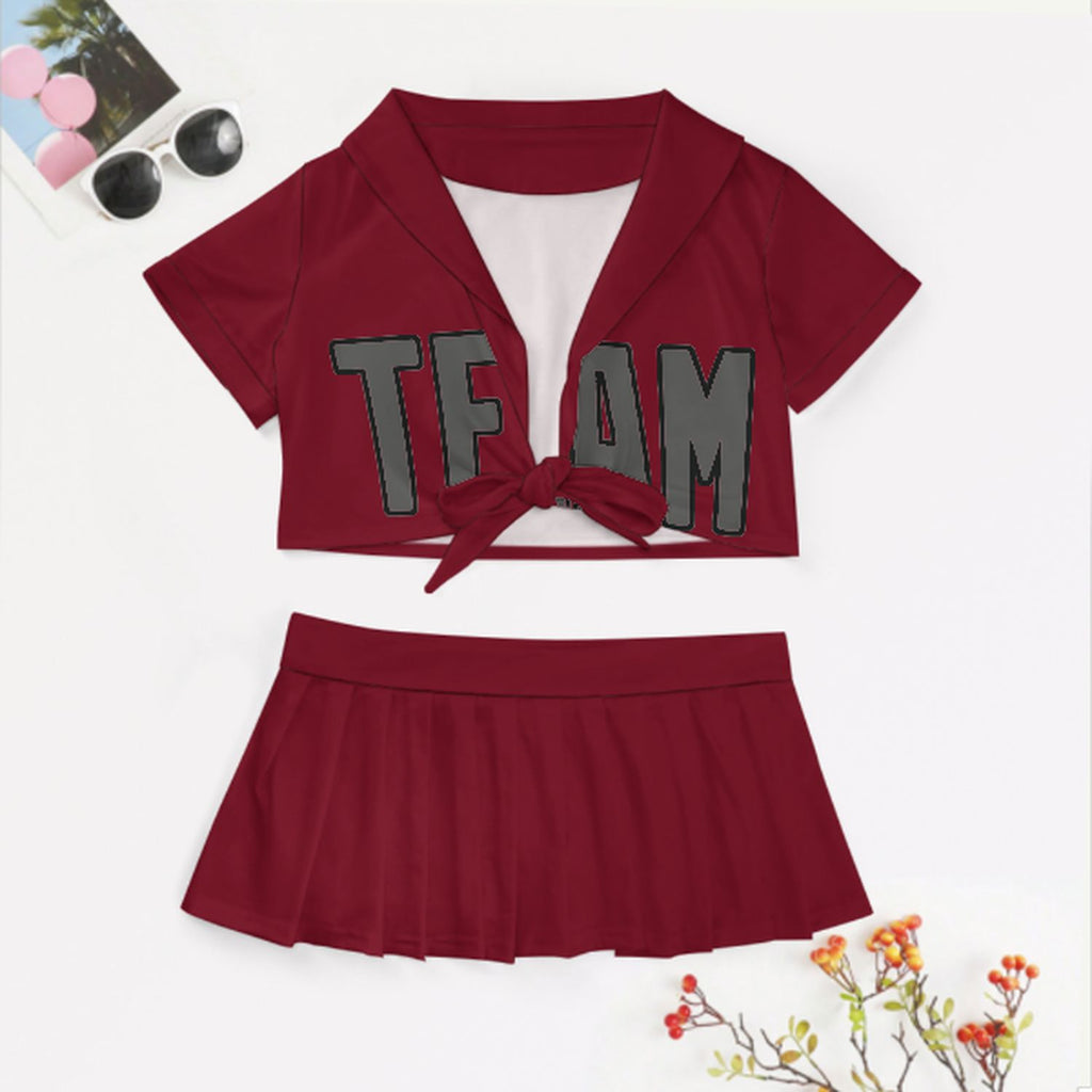 Custom Crimson Red Dark Grey Cheerleading Uniform Set