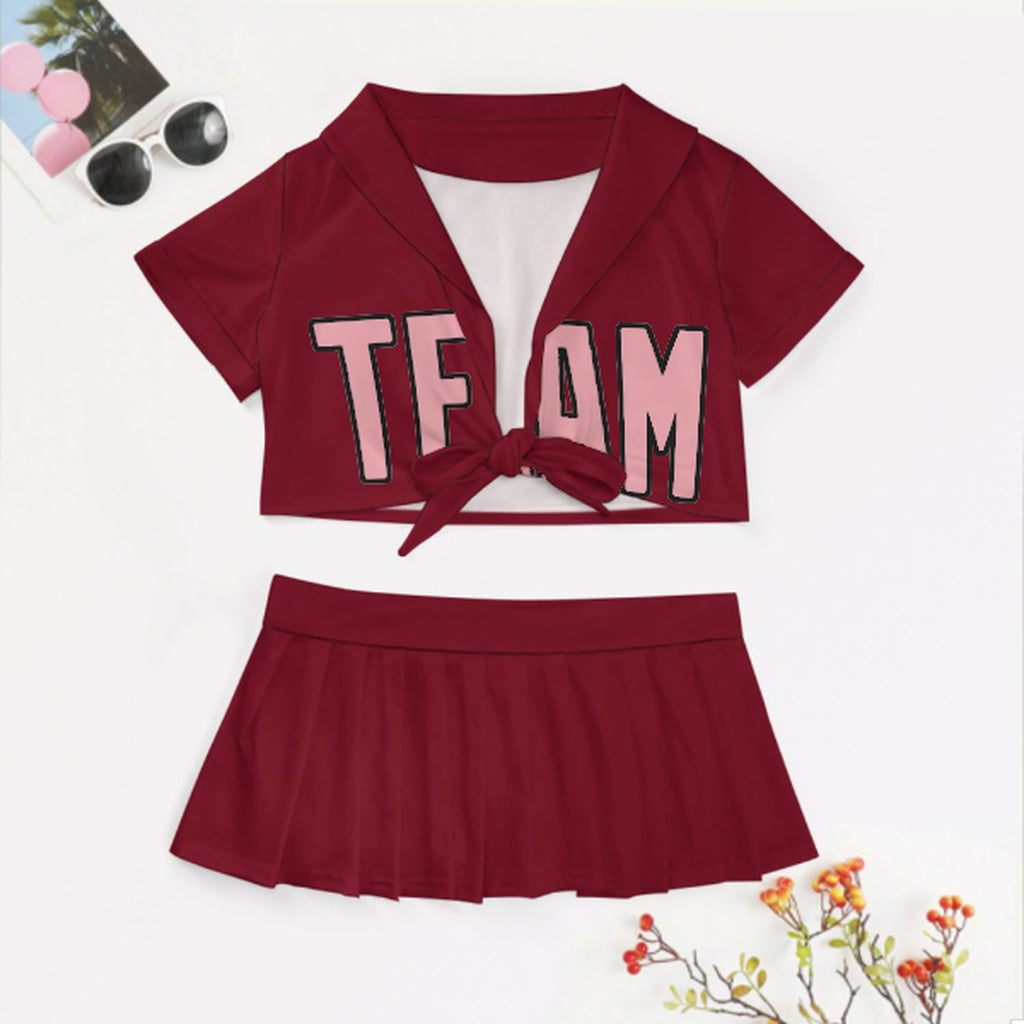 Custom Crimson Red Light Pink Cheerleading Uniform Set