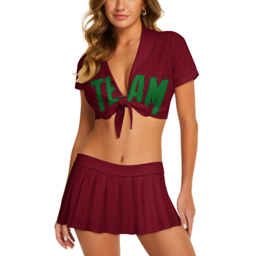 Custom Crimson Red Emerald Green Cheerleading Uniform Set