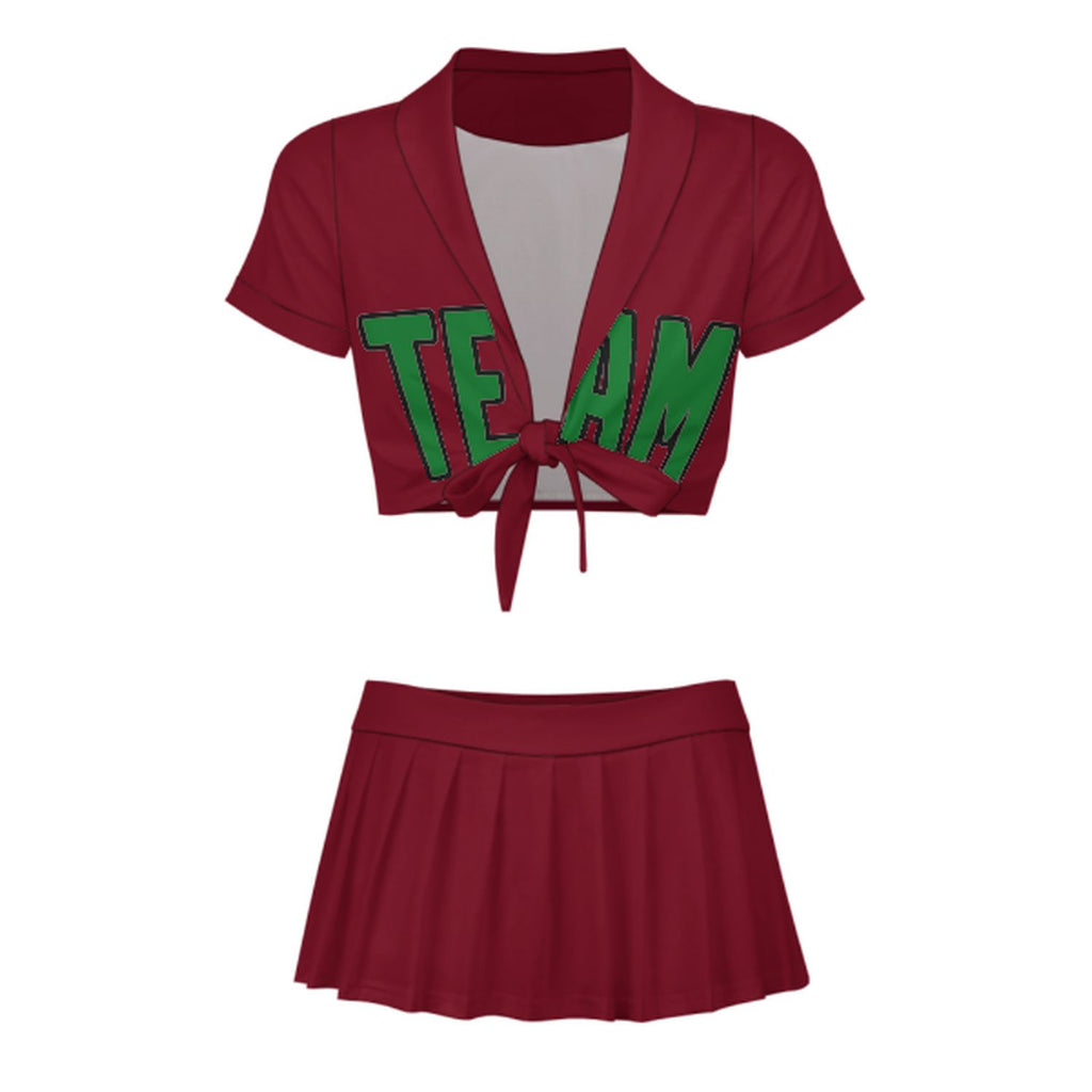 Custom Crimson Red Emerald Green Cheerleading Uniform Set