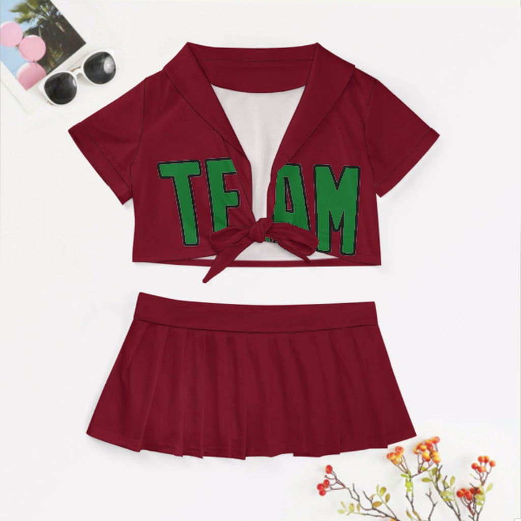 Custom Crimson Red Emerald Green Cheerleading Uniform Set