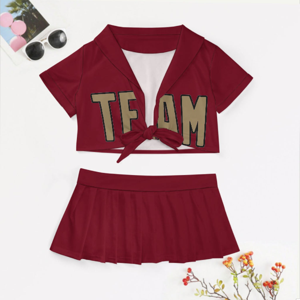 Custom Crimson Red Light Khaki Cheerleading Uniform Set