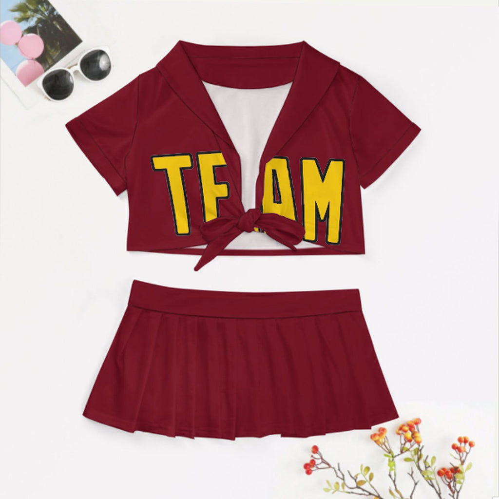 Custom Crimson Red Gold Cheerleading Uniform Set