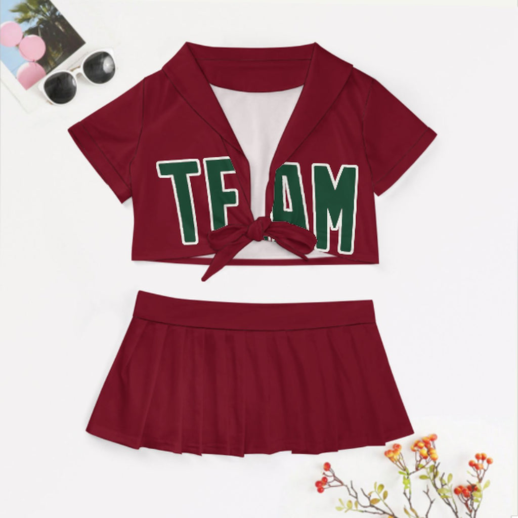 Custom Crimson Red Green Cheerleading Uniform Set