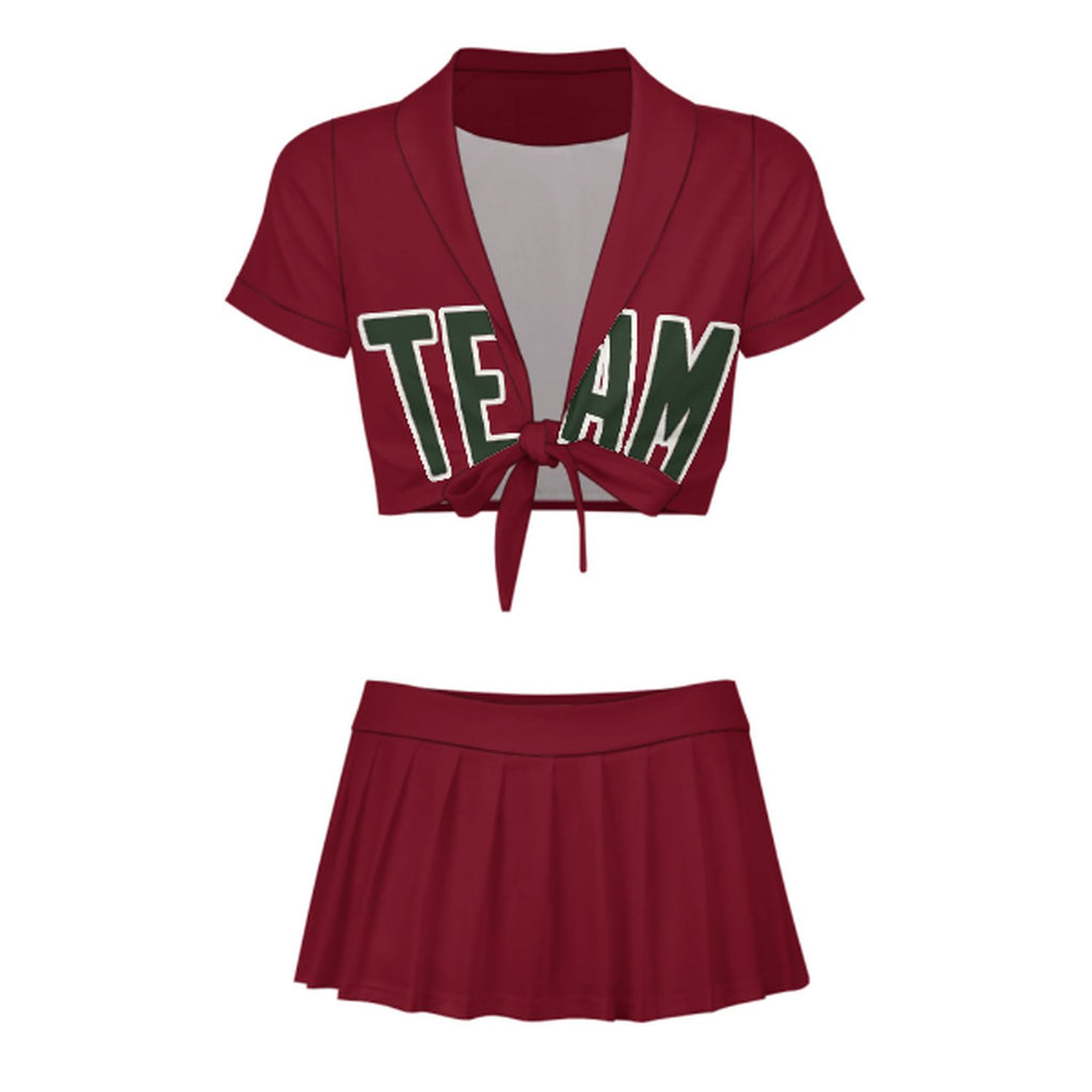 Custom Crimson Red Dark Green Cheerleading Uniform Set