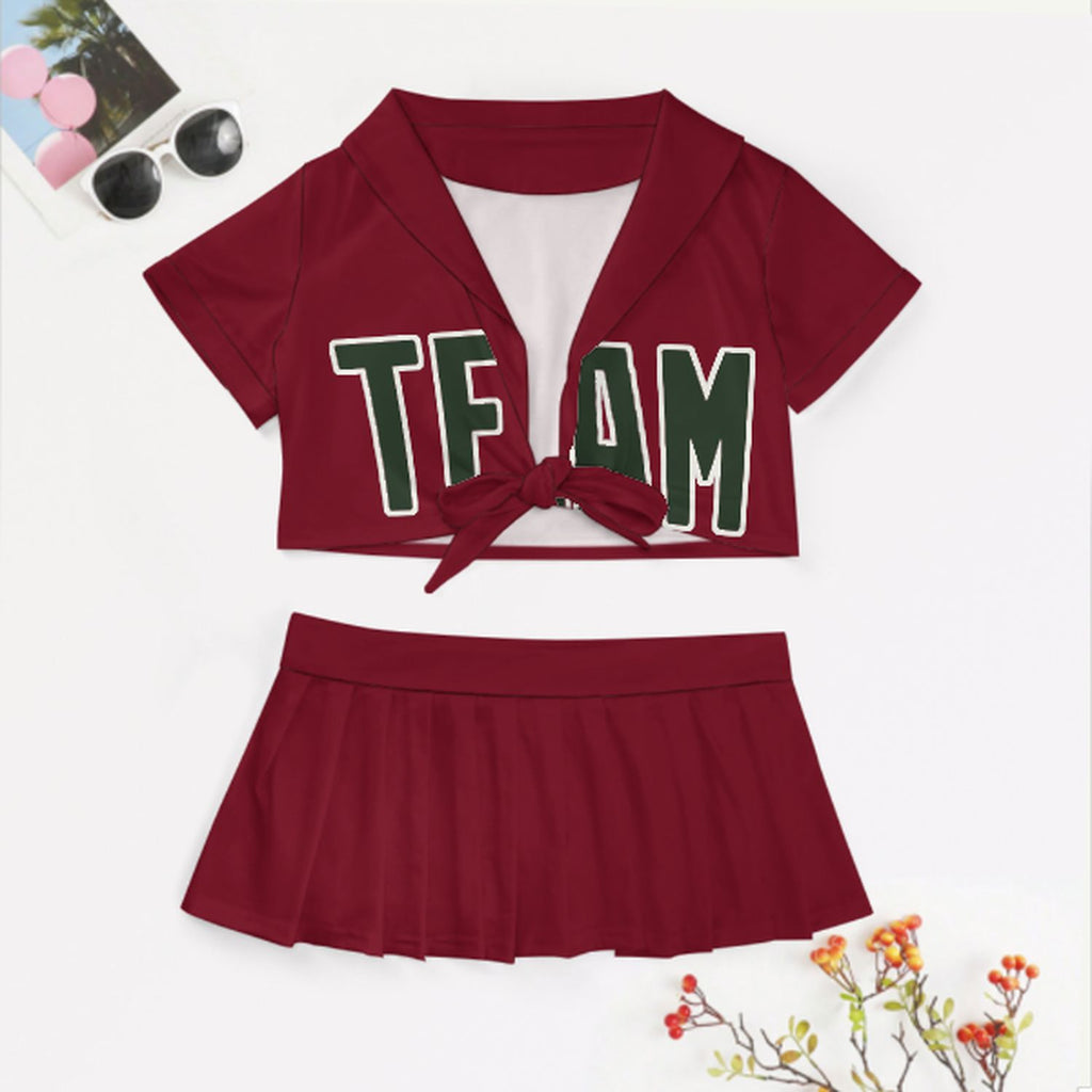 Custom Crimson Red Dark Green Cheerleading Uniform Set