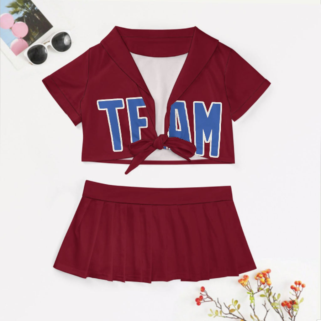 Custom Crimson Red Sky Blue Cheerleading Uniform Set