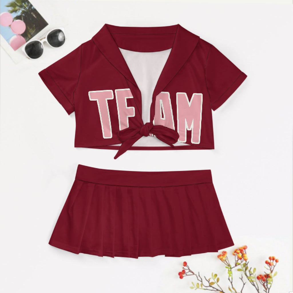 Custom Crimson Red Light Pink Cheerleading Uniform Set