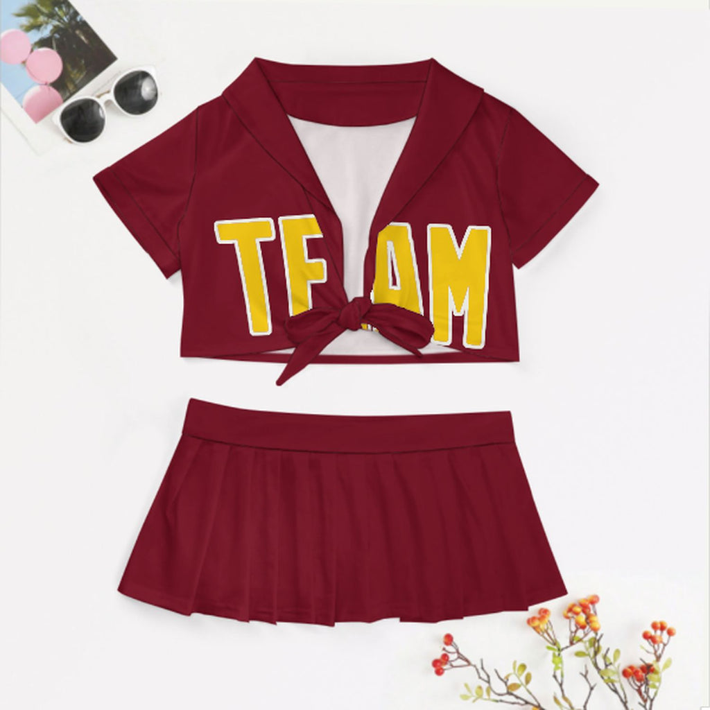 Custom Crimson Red Gold Cheerleading Uniform Set