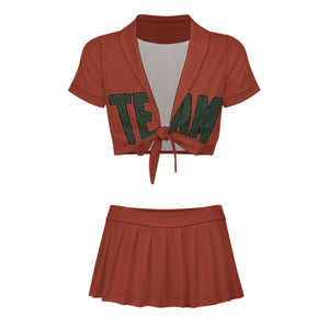 Custom Coral Red Dark Green Cheerleading Uniform Set