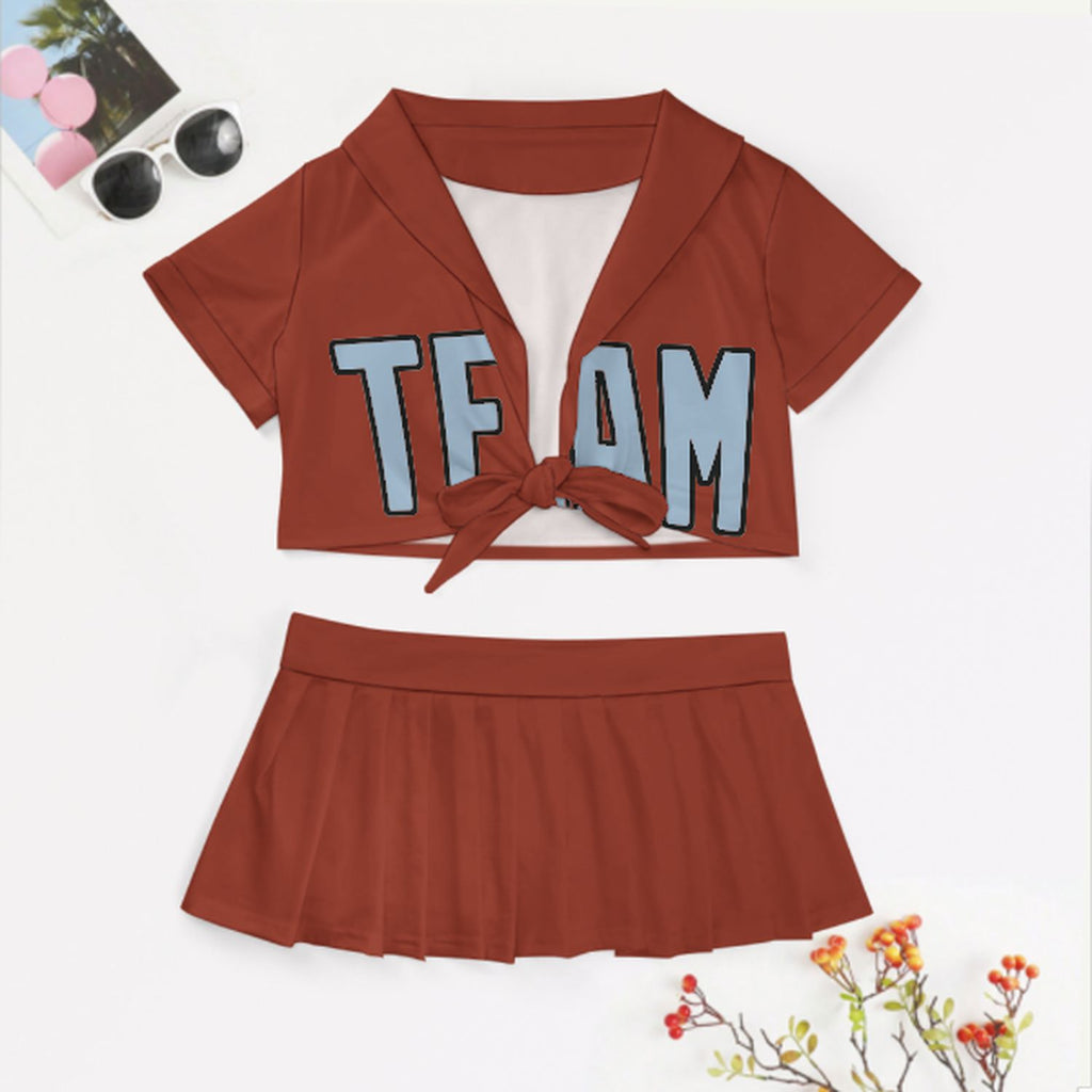 Custom Coral Red Light Blue Cheerleading Uniform Set