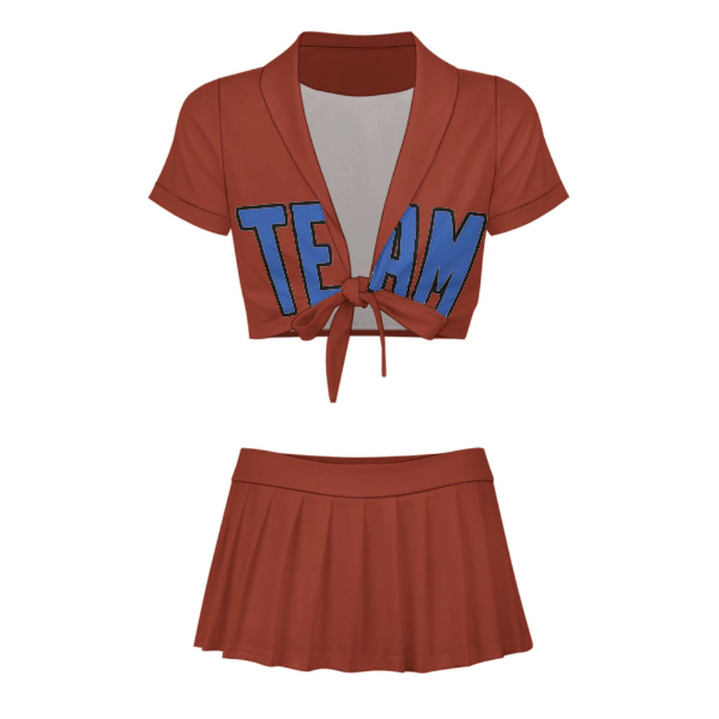 Custom Coral Red Sky Blue Cheerleading Uniform Set
