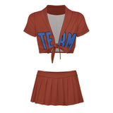 Custom Coral Red Sky Blue Cheerleading Uniform Set