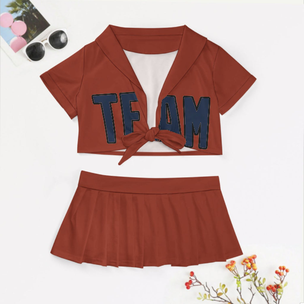Custom Coral Red Blue Cheerleading Uniform Set