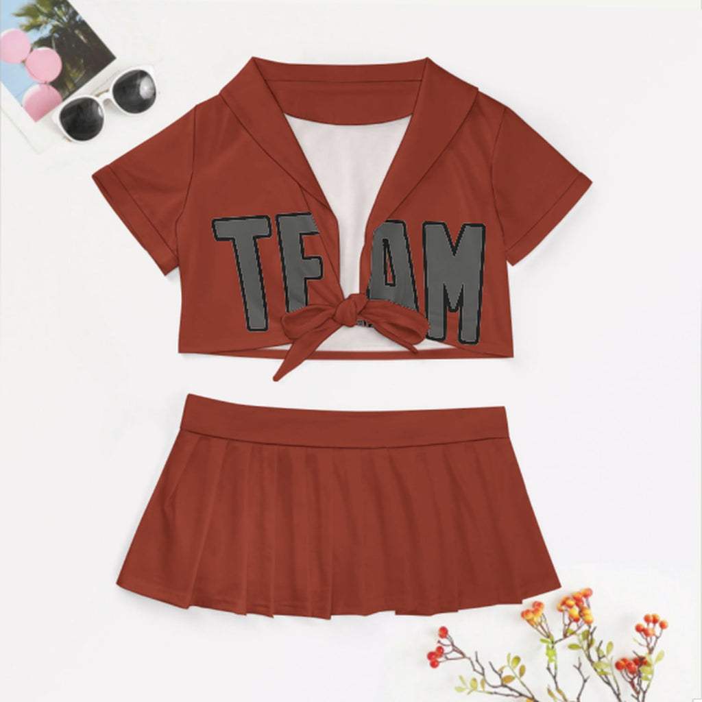 Custom Coral Red Dark Grey Cheerleading Uniform Set