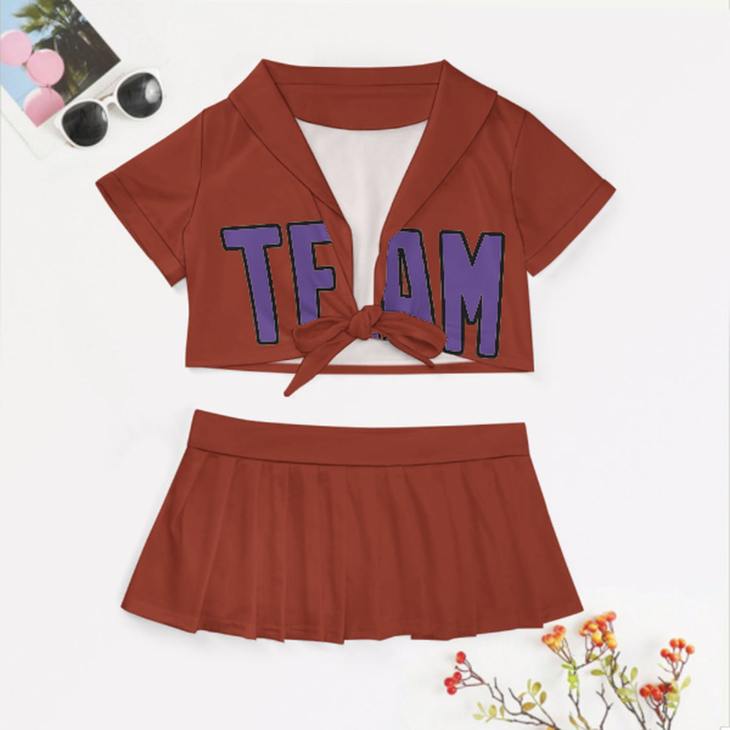Custom Coral Red Light Purple Cheerleading Uniform Set